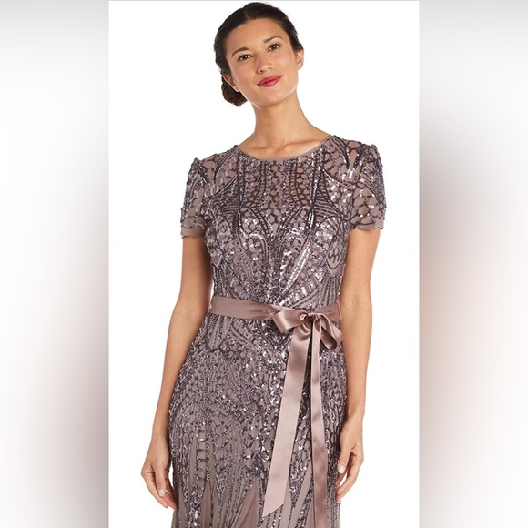 R&M Richards Mocha Short Sleeved Embellished Sequins Gown. - Picture 3 of 3